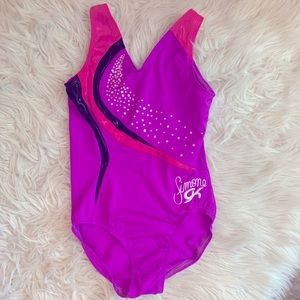 GK x Simone Biles gymnastics/dance leotard, kids large, purple pink and black